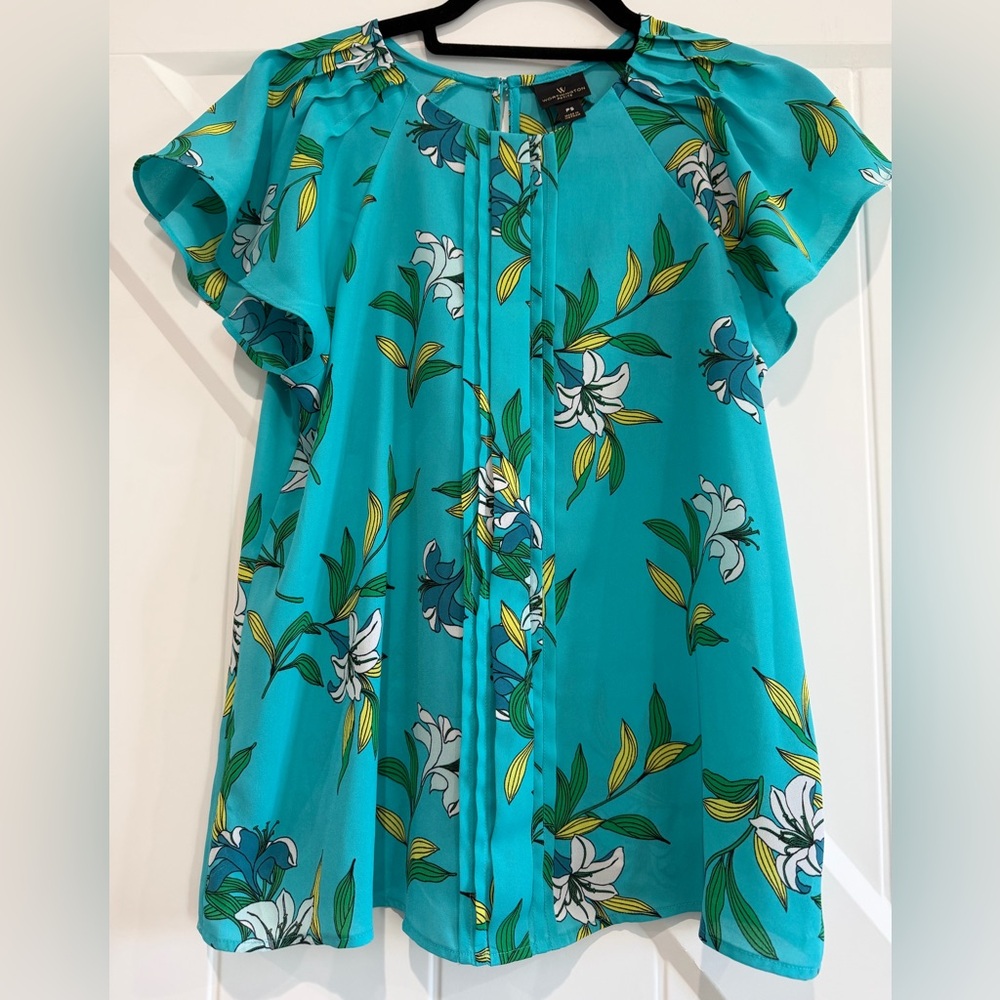 Worthington Petite Floral Blouse in Teal and Yellow